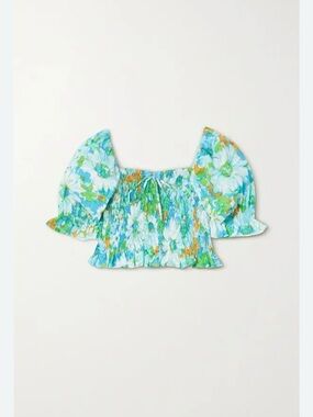Faithfull the Brand Blue, Green and White Floral Smocked Puff-Sleeve Crop Top